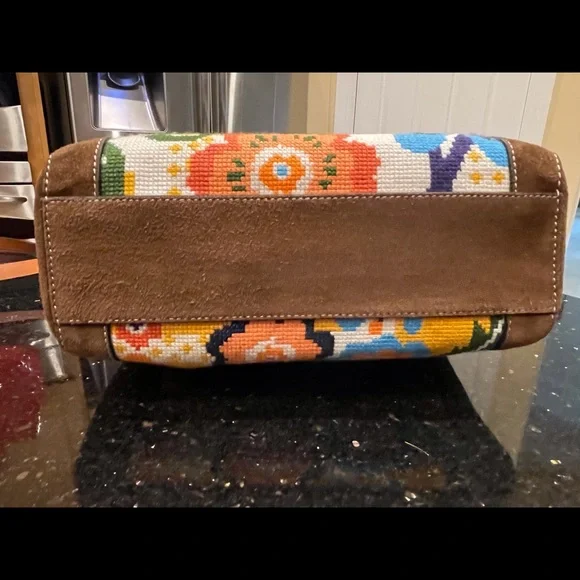 TORY BURCH COLORFUL NEEDLEPOINT & BROWN SUEDE BERMUDA HANDBAG DETACHABLE STRAP - Picture 10 of 16